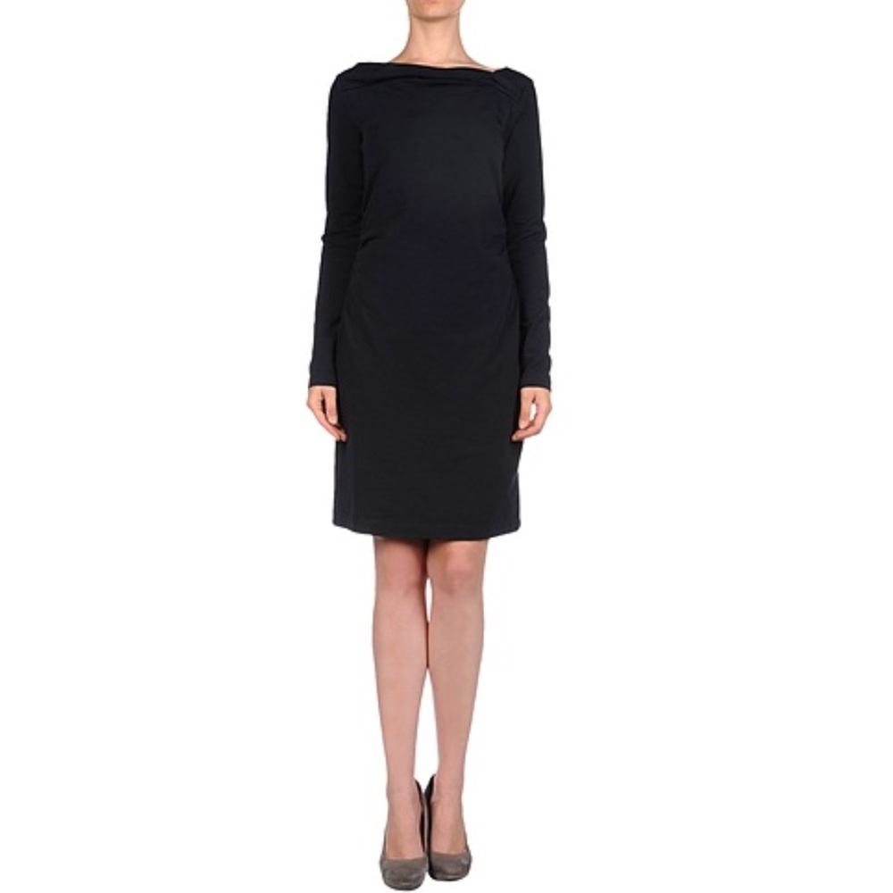 European Culture Navy Long Sleeve Dress with assymetrical boat neck, Size S